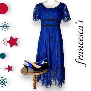 NWOT Francesca’s Miami Cobalt Blue Lace Midi Formal/ HolidayDress Sz. M